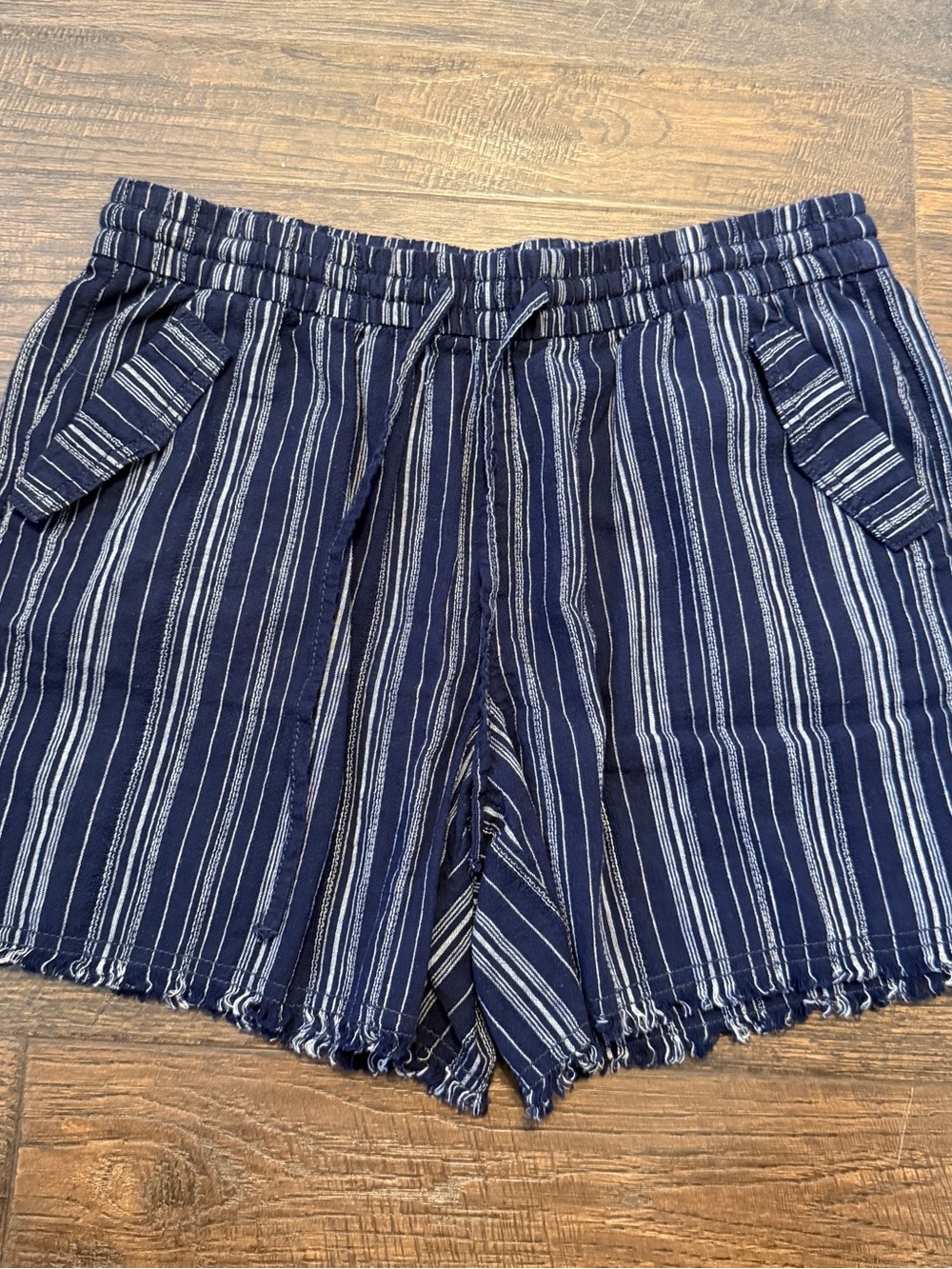 ANA Shorts Womens Small Navy Blue White Striped Linen Blend Fray Hem Drawstring